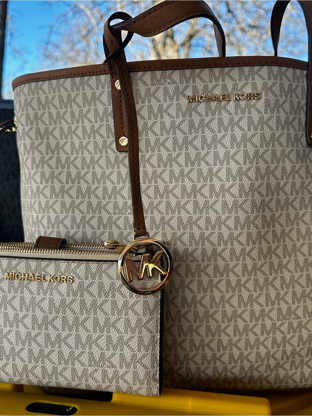 Michael Kors Beige and Brown Signature MK Tote with Pouch Wallet